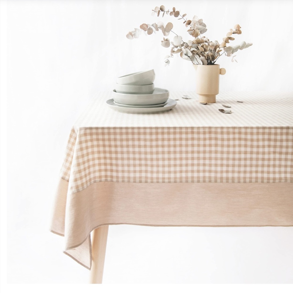 Beige Gingham Border Tablecloth by